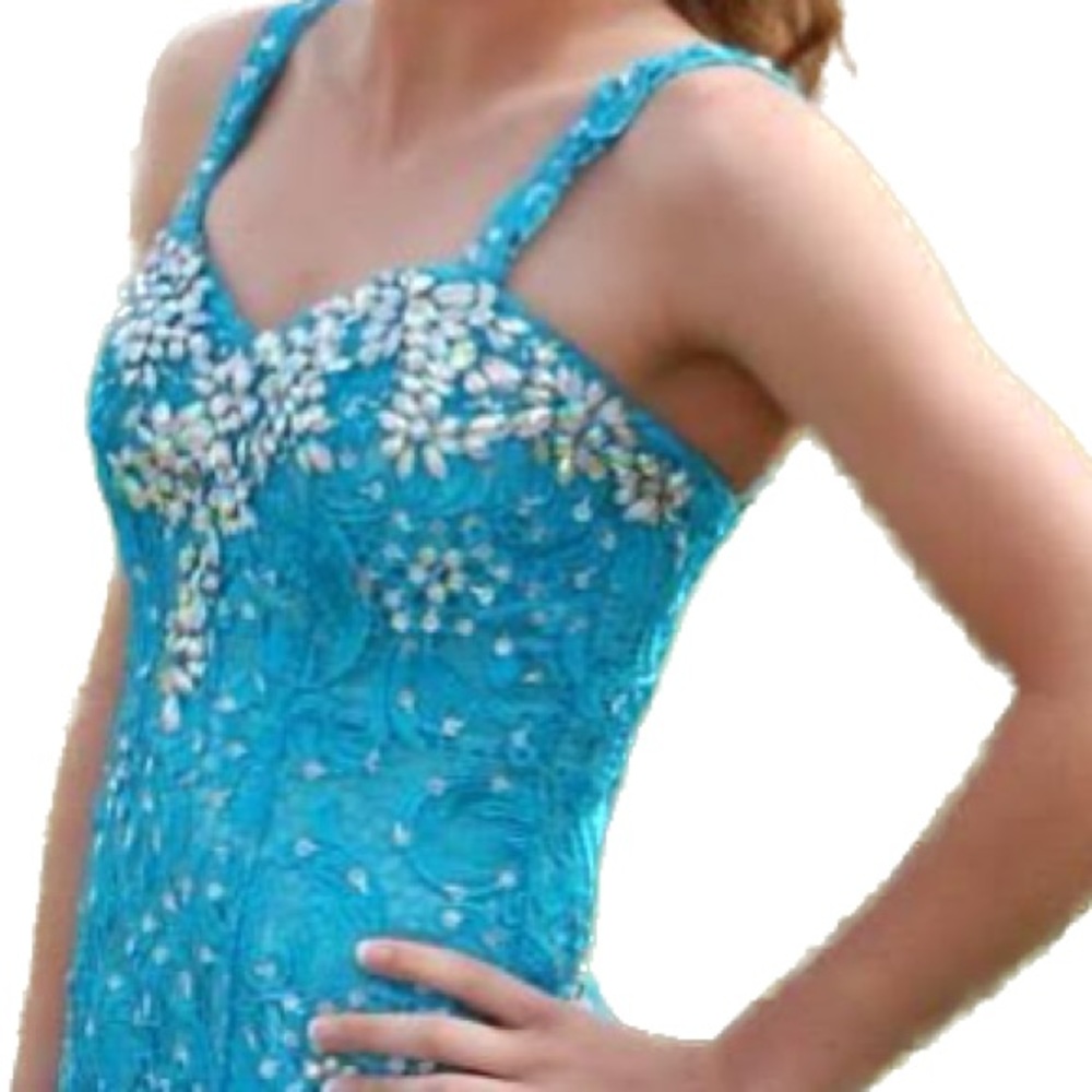 WORN ONCE. Gorgeous teal fitted dress with sequins. Size 2 - Picture 2 of 4